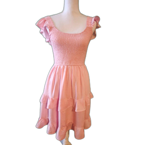 Ruffle Pink Boho Smocked Babydoll Mini Dress Flowy Beach Sundress Sz M - Picture 6 of 8